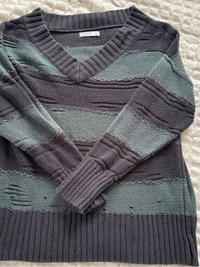 Arizona Jean Company Women’s V-Neck Striped Sweater in Gray and Green